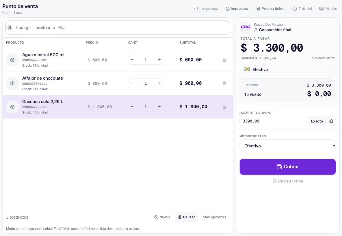 Punto de venta de demostración: agua mineral $600, alfajor $900 y gaseosa $1.800. Total y recibido $3.300 en efectivo. Stock 79, 24 y 40 unidades.